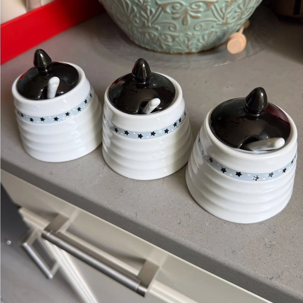 White Ceramic jam, jelly, honey Jars with navy Lids & serving spoons.. set of 3
